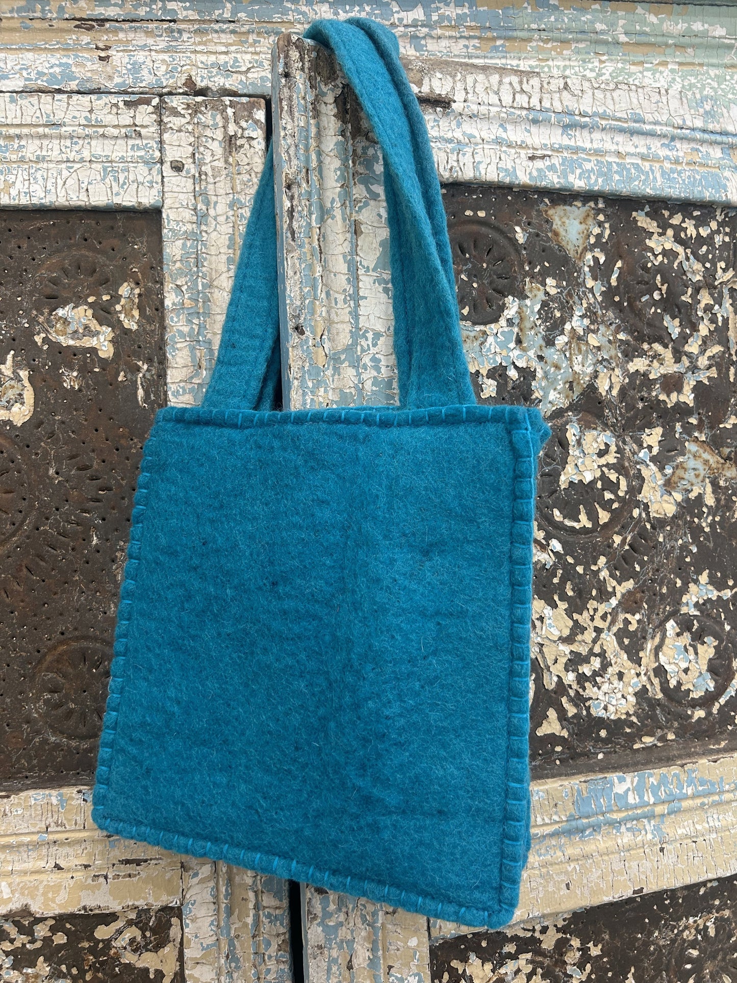 Felt Peacock Blue Purse with White and Red Flowers