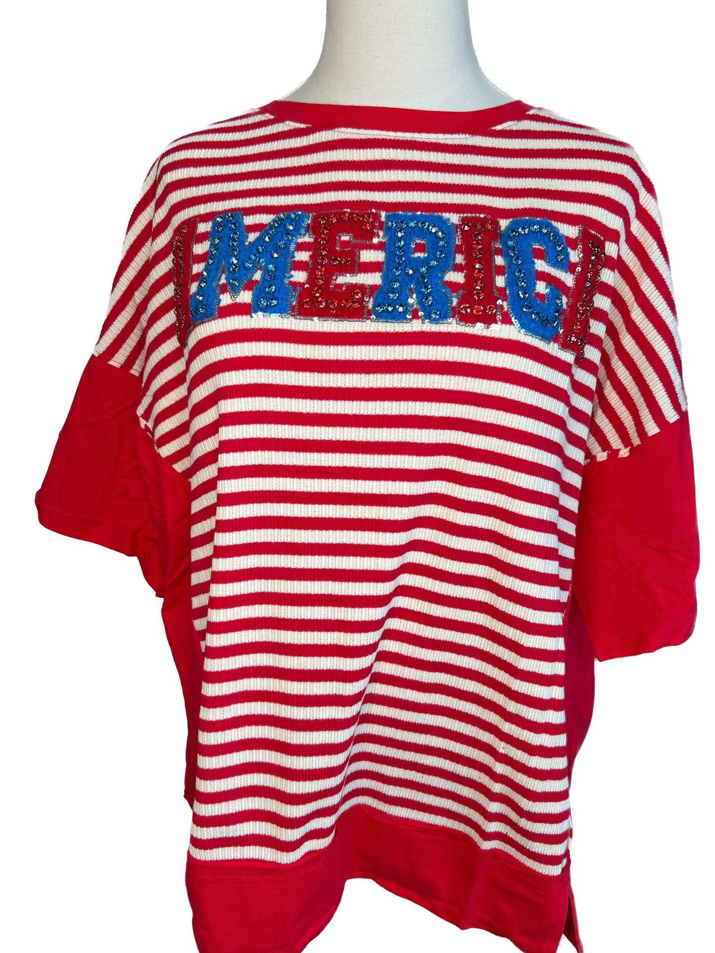 Peach Love- American Rhinestone Accent Striped Top (Red) *Final Sale*