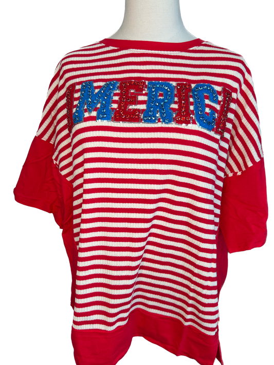 Peach Love- American Rhinestone Accent Striped Top (Red) *Final Sale*