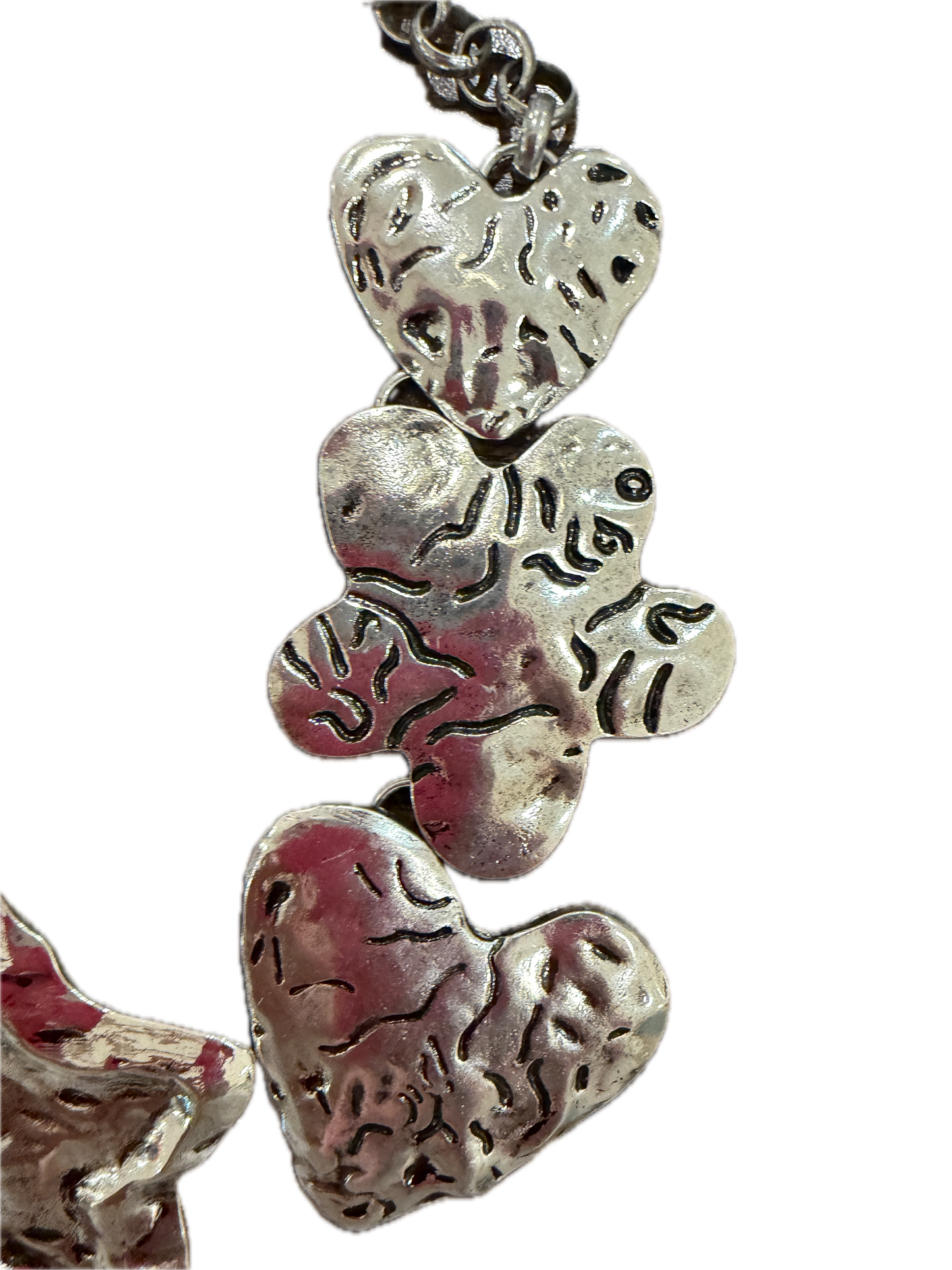 Silver Stars Hearts and Flowers Hammered Necklace