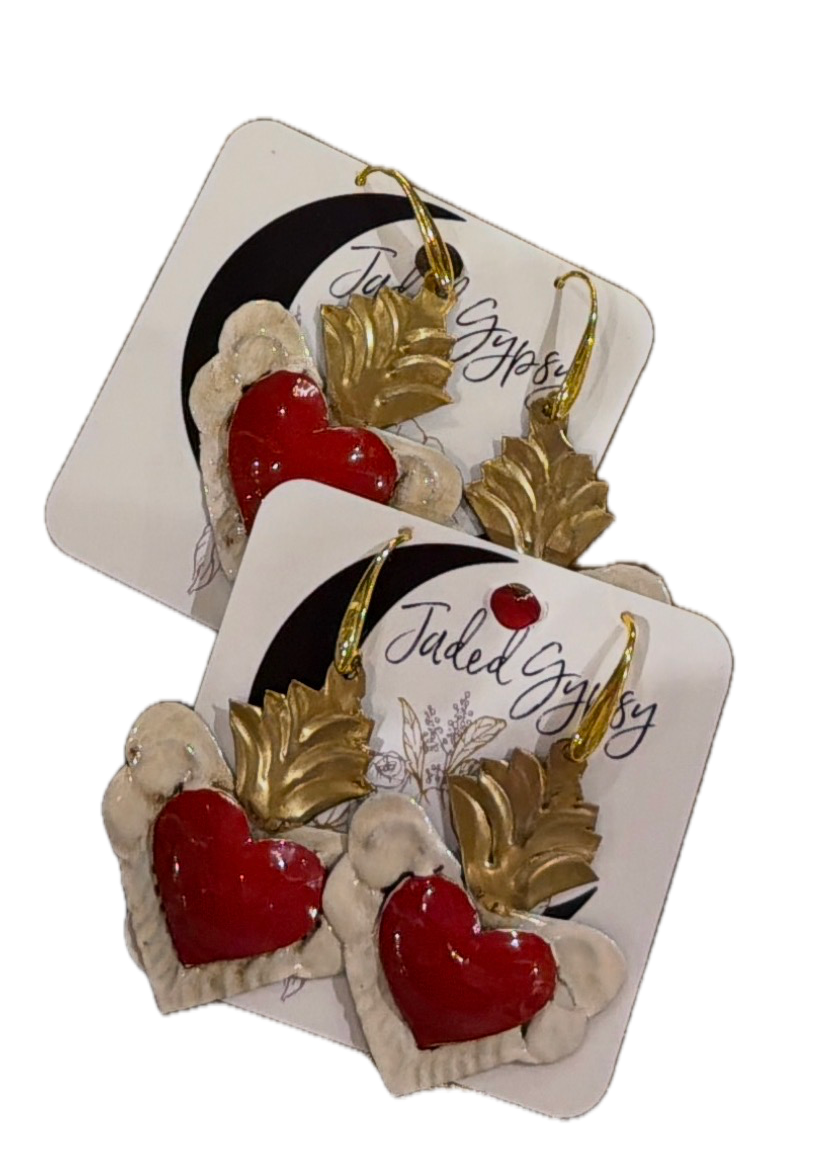 JADED GYPSY - Cream and Red Heart Earrings