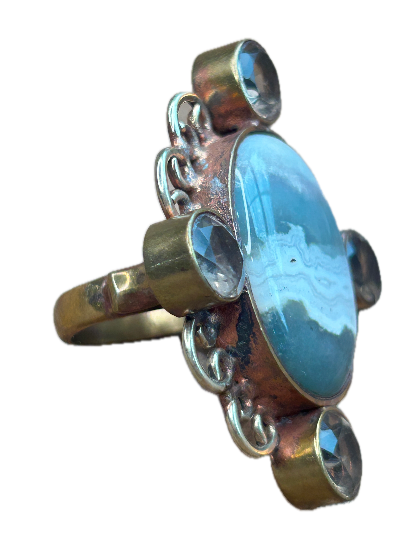 German Silver Banded Agate and Quartz Ring