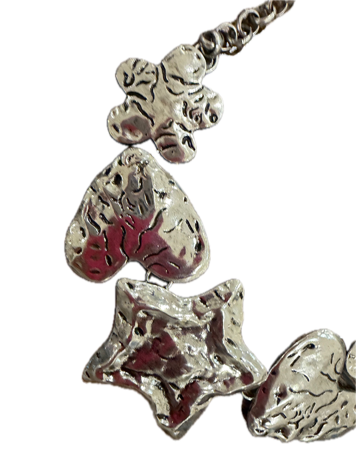 Silver Stars Hearts and Flowers Hammered Necklace
