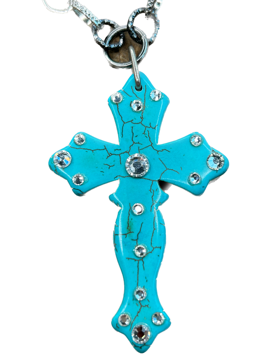 Lost & Found- Turquoise and Rhinestone Cross Necklace