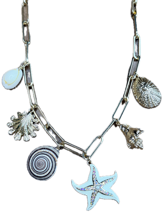 Gold Starfish and Shells Charm Necklace