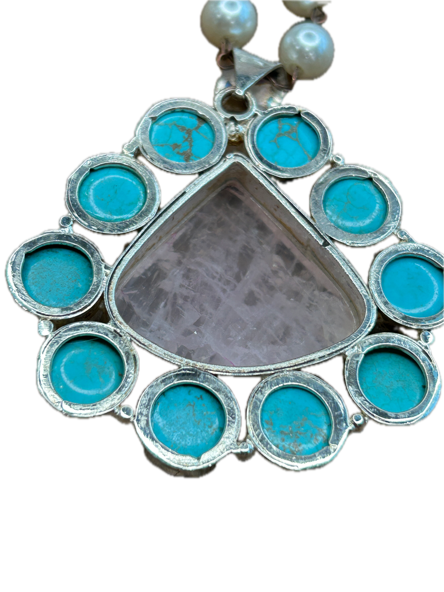 German Silver Turquoise and Pink Quartz Necklace