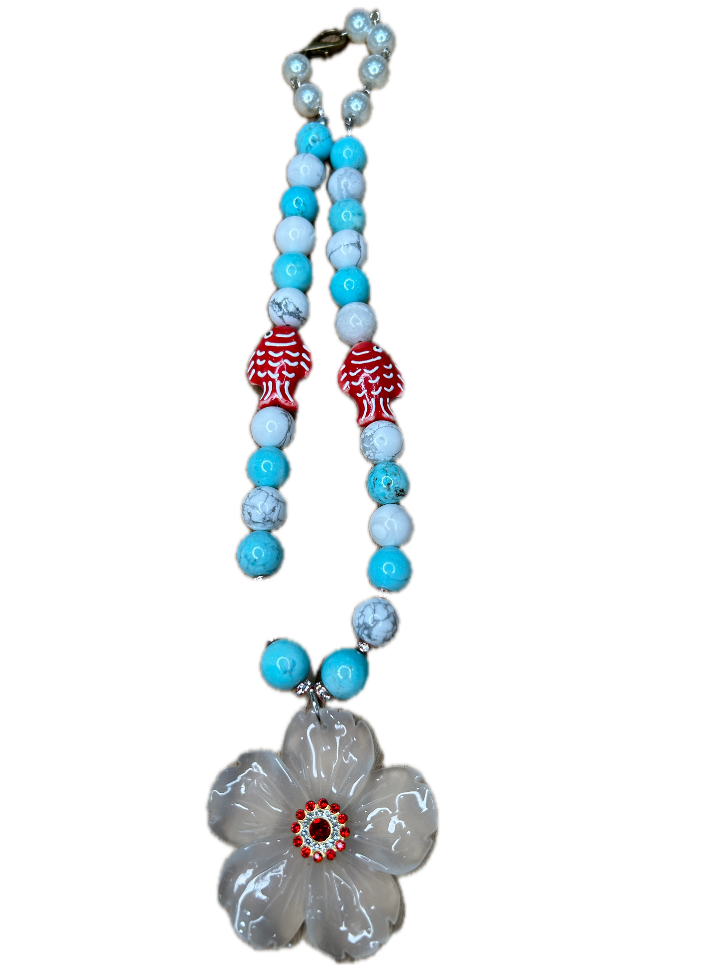 Floral Beach Necklace (Robin's Egg Blue/White/Red)- ERR ORIGINAL