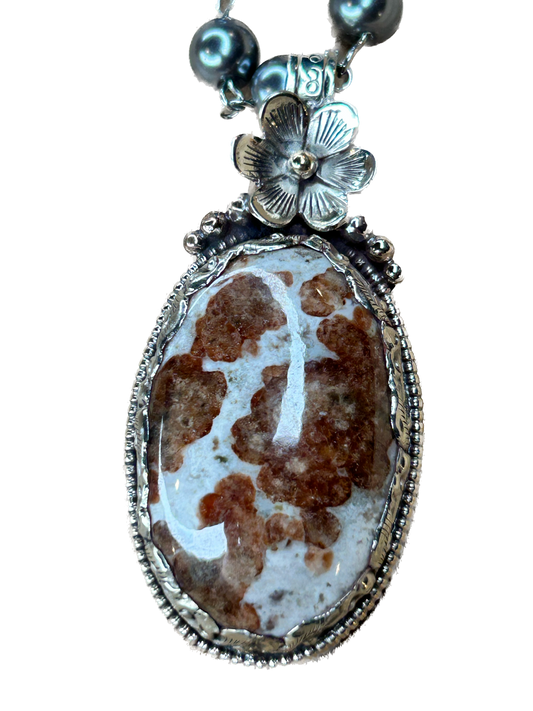 Tibetan Silver Garnet in Limestone Necklace A