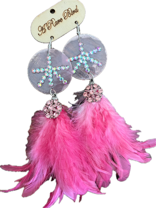 Rare Bird- Blingy Pink Feather Earrings