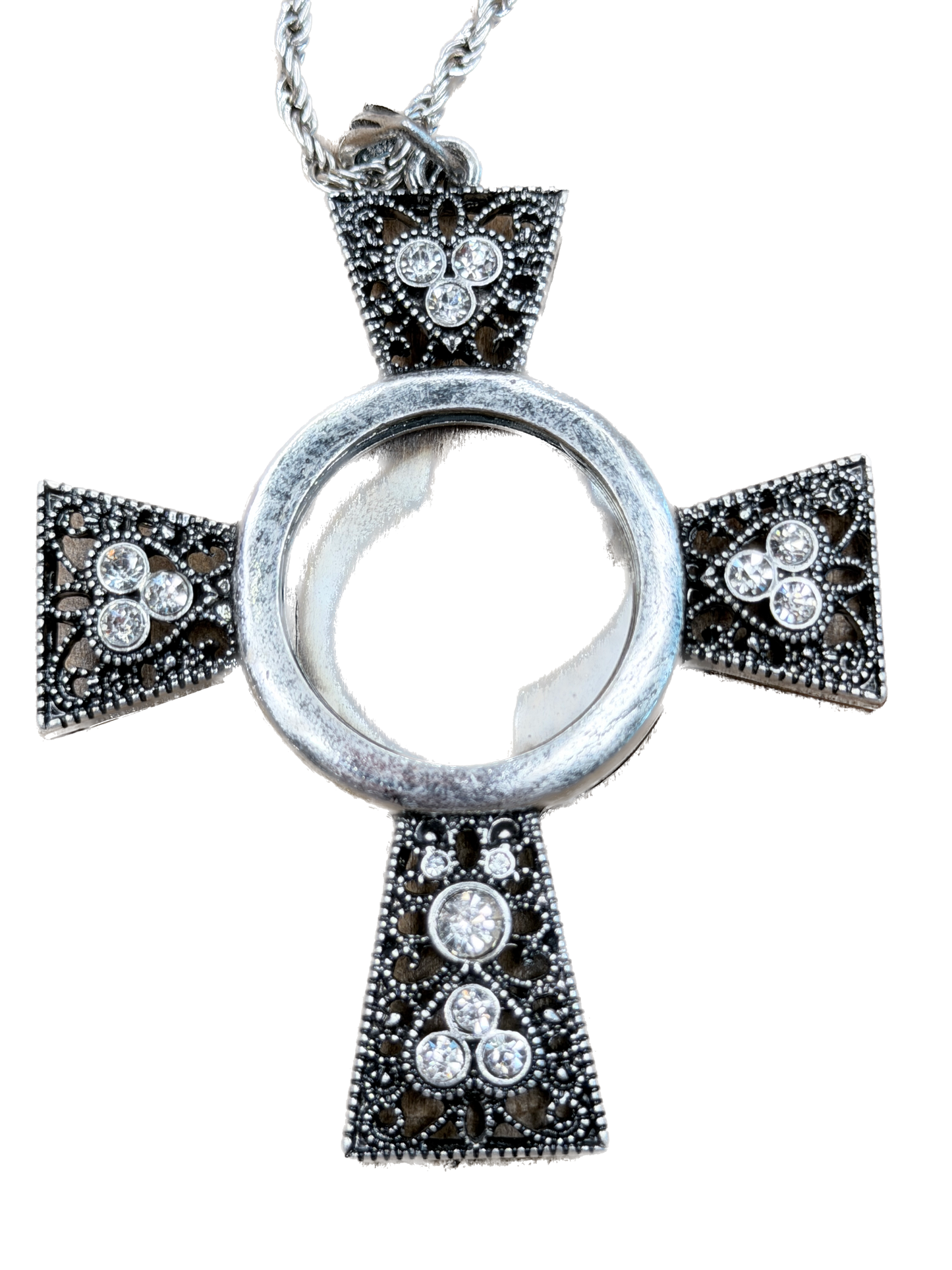 Silver Magnifying Glass Cross Necklace (B)