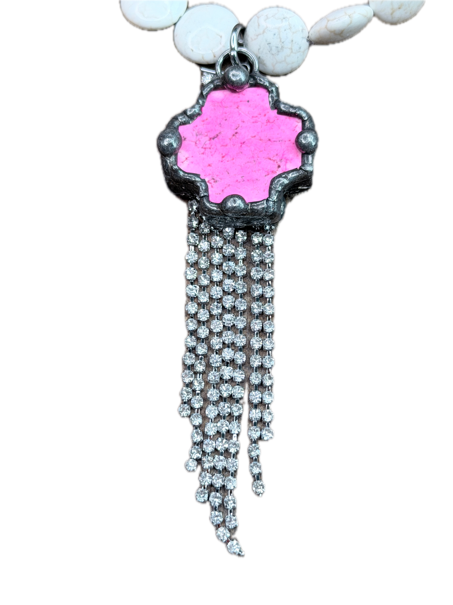 Soldered Pink Howlite and Rhinestone Fringe Necklace