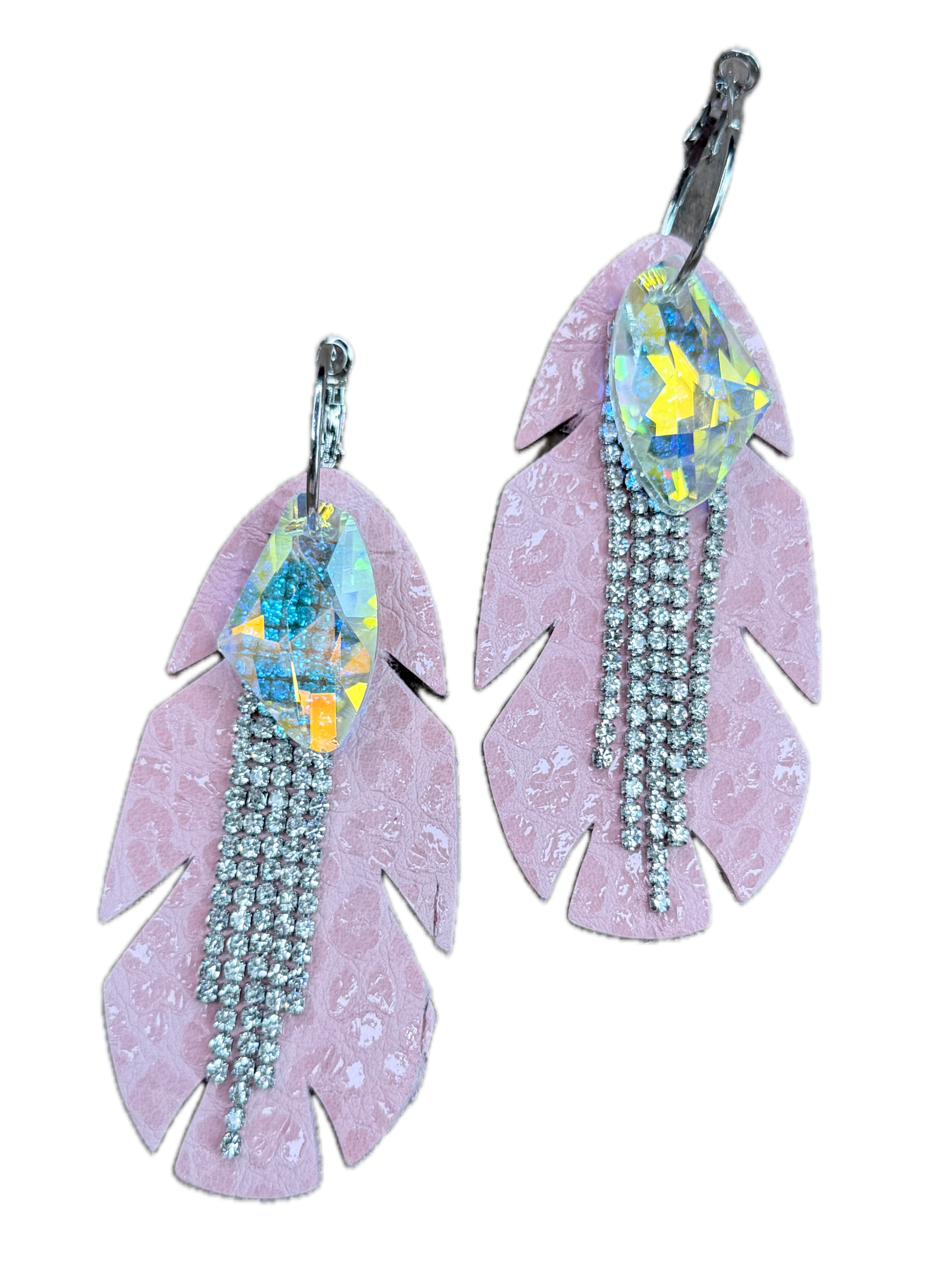 Rhinestone and Leather Feather Earrings (Light Pink)