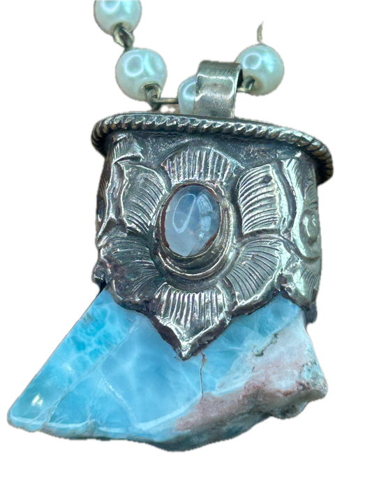 Tibetan Silver Larimar and Labradorite Necklace AA