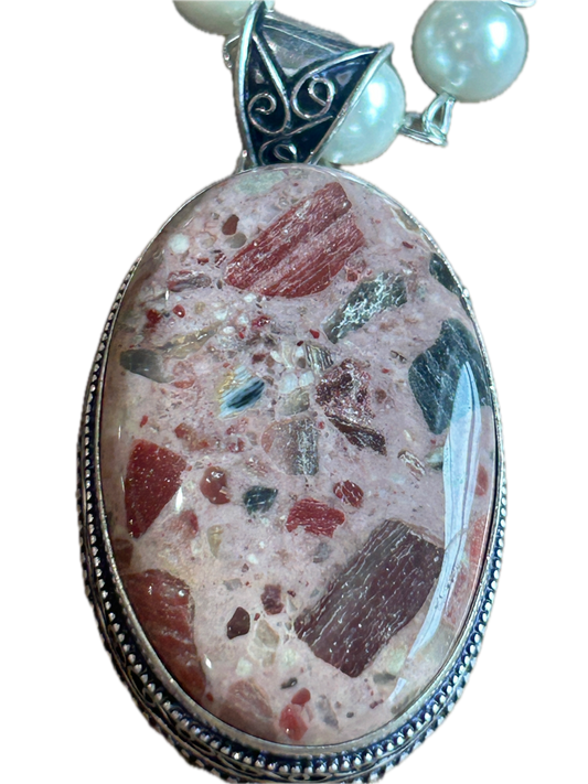 German Silver Chert Breccia Oval Necklace B