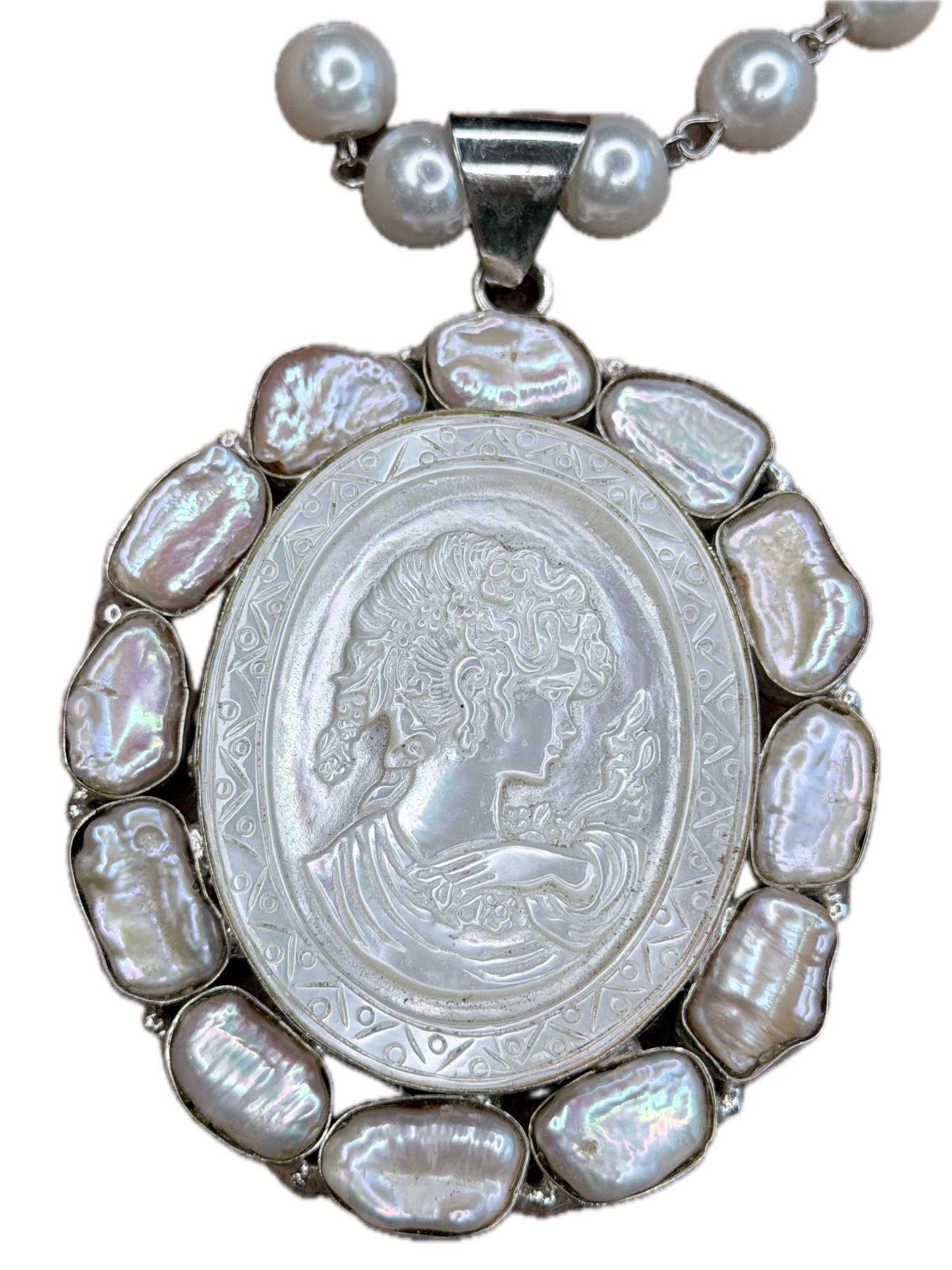 German Silver Pearl Carved  Cameo Cluster Necklace
