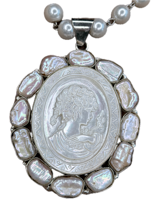 German Silver Pearl Carved  Cameo Cluster Necklace