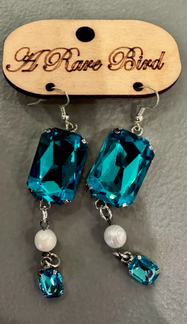 A RARE BIRD - Pearl & Brilliant Blue Crystal Earrings