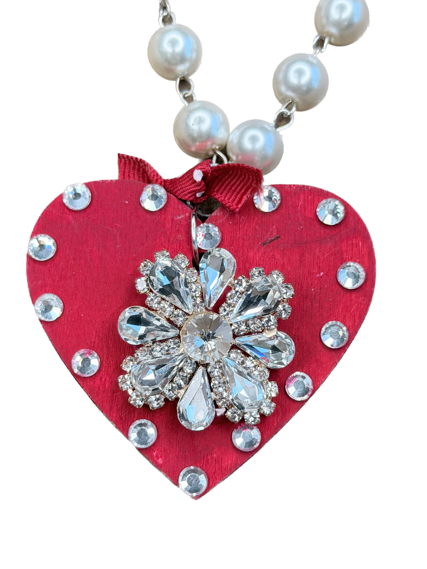 Wooden Rhinestone Red Heart Necklace (B)- ERR ORIGINAL