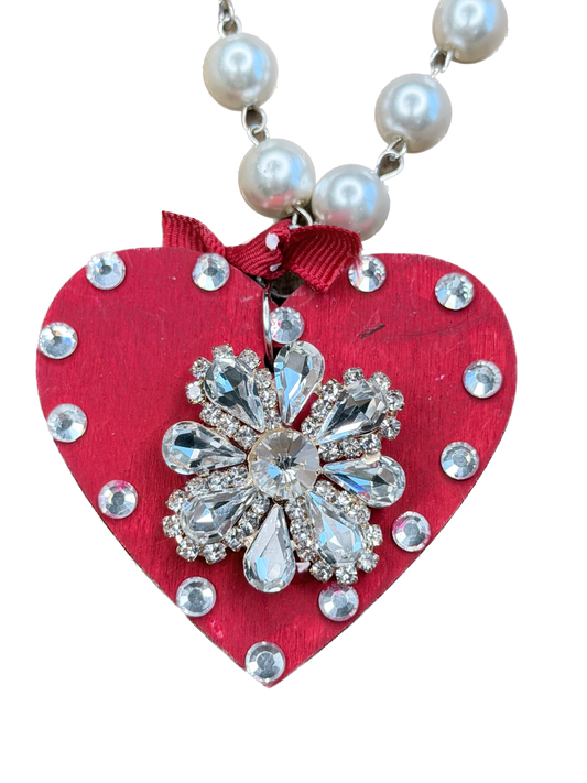 Wooden Rhinestone Red Heart Necklace (B)- ERR ORIGINAL