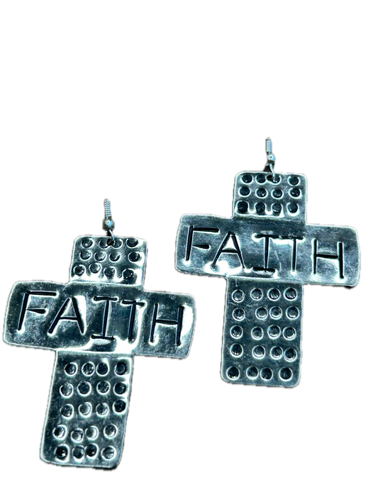 Silver Faith Stamped Cross Earrings