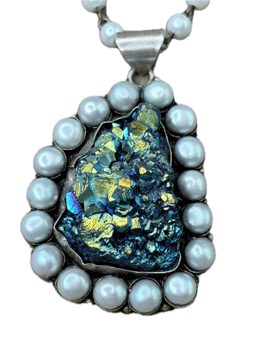 German Silver Blue Electro-Formed Druzy and Pearl Necklace