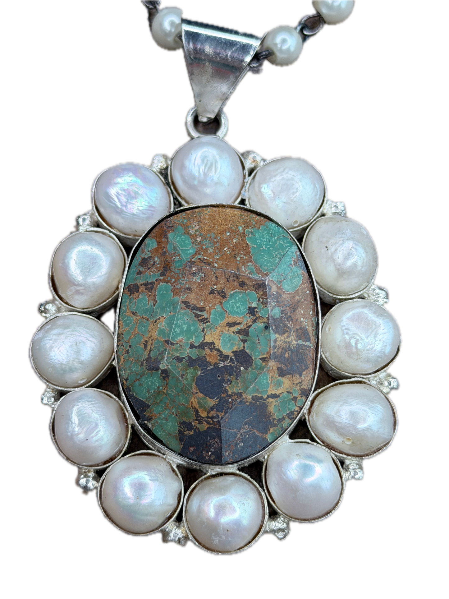German Silver Turquoise and Pearl Cluster Necklace