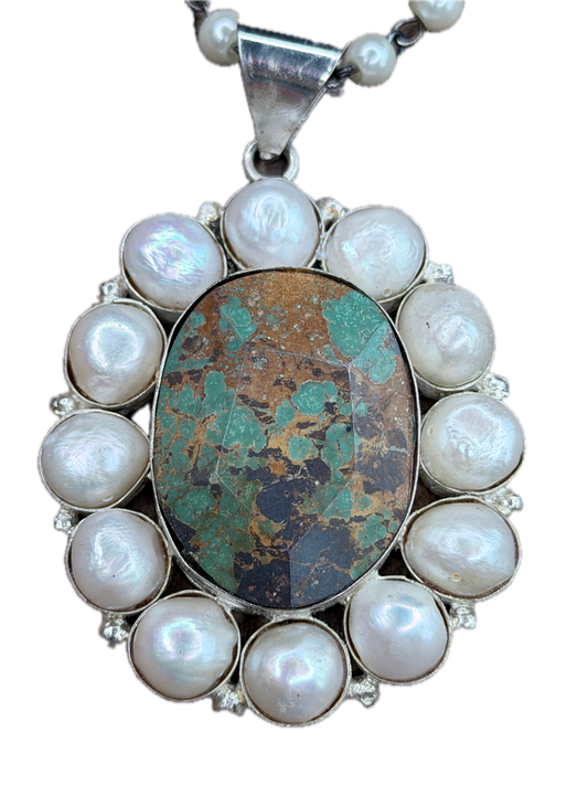 German Silver Turquoise and Pearl Cluster Necklace