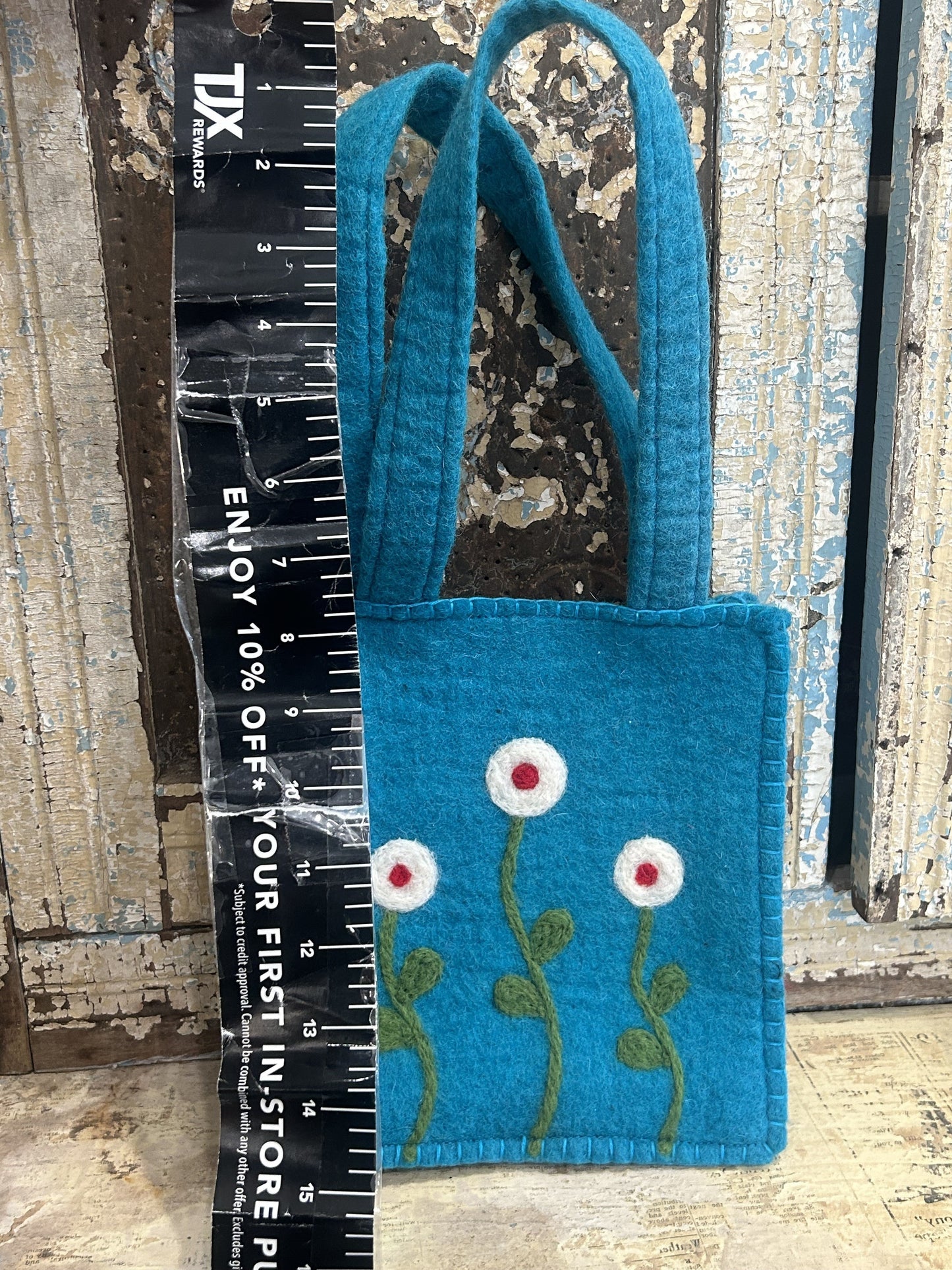 Felt Peacock Blue Purse with White and Red Flowers
