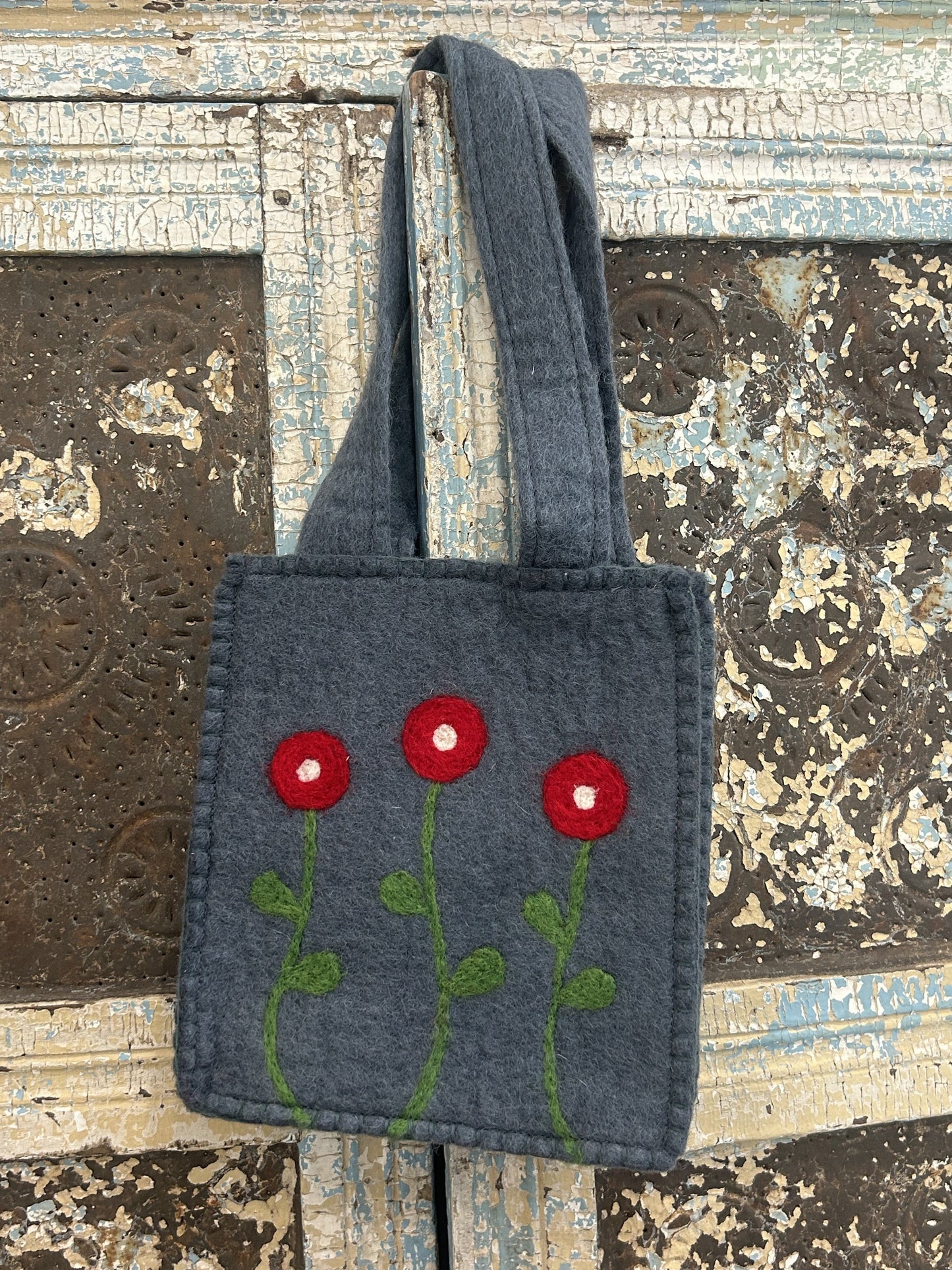 Felt Gray Purse with Red Flowers *Final Sale*