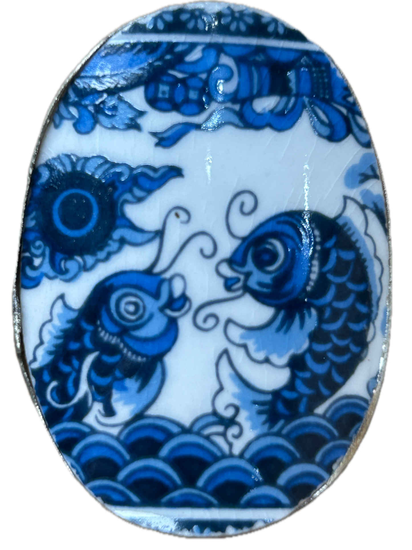 German Silver Vintage China Ring (Blue Coy Fish)